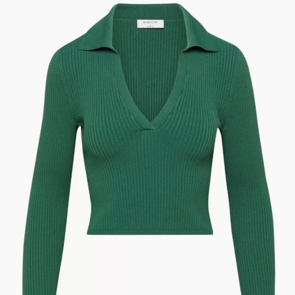 Aritzia Babaton Sculpt Knit Polo Size S NWOT Forest Green